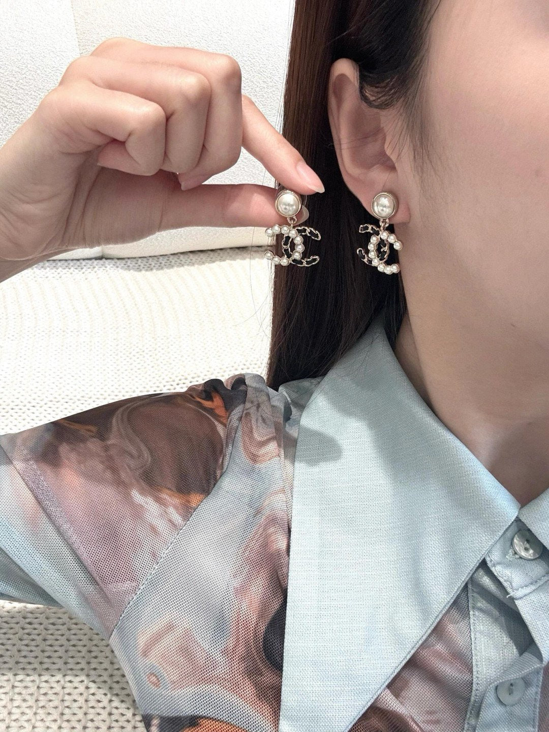 Chanel Black Leather Pearl Earrings